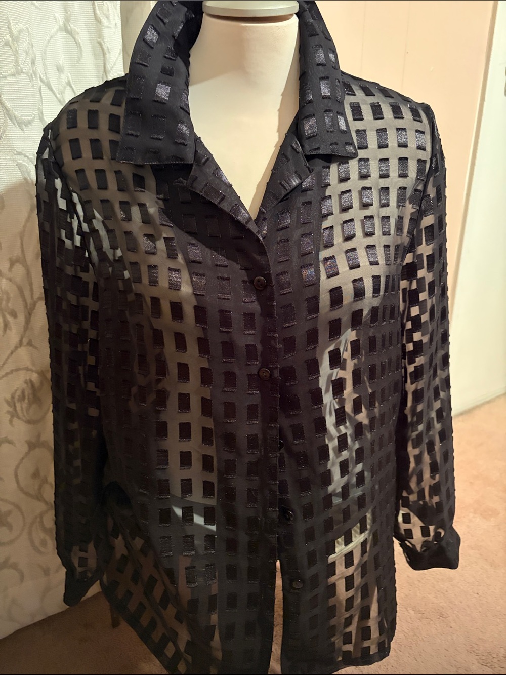 Alia Black Sheer Grid-Texture Blouse